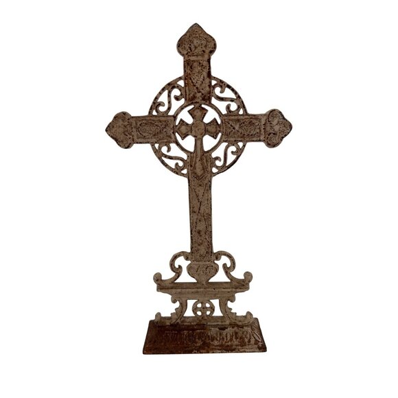 Antique Ornate Cast Iron Celtic Cross Tabletop Decor - Picture 1 of 8